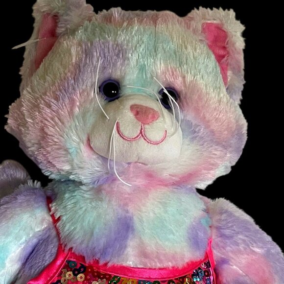 Build-A-Bear Colorful Tie Dye Plush Cat In Pink Sequin Dress 16" - Picture 2 of 12